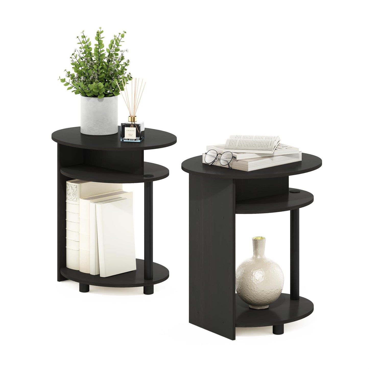 Furinno JAYA Side Table Set of 2, 3-Tier Round End Table with Oval Tabletop, Night Stand, Bedside Table with Open Shelf, for Living Room, Bedroom