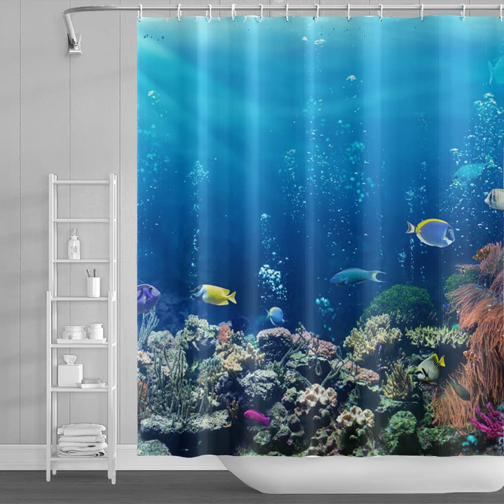 SDOTPMT 180x180cm Ocean Tropical Fish Shower Curtain Underwater Sea Animal Coral Reef Bath Curtain Summer Blue Ocean Bathtub Curtain for Kids
