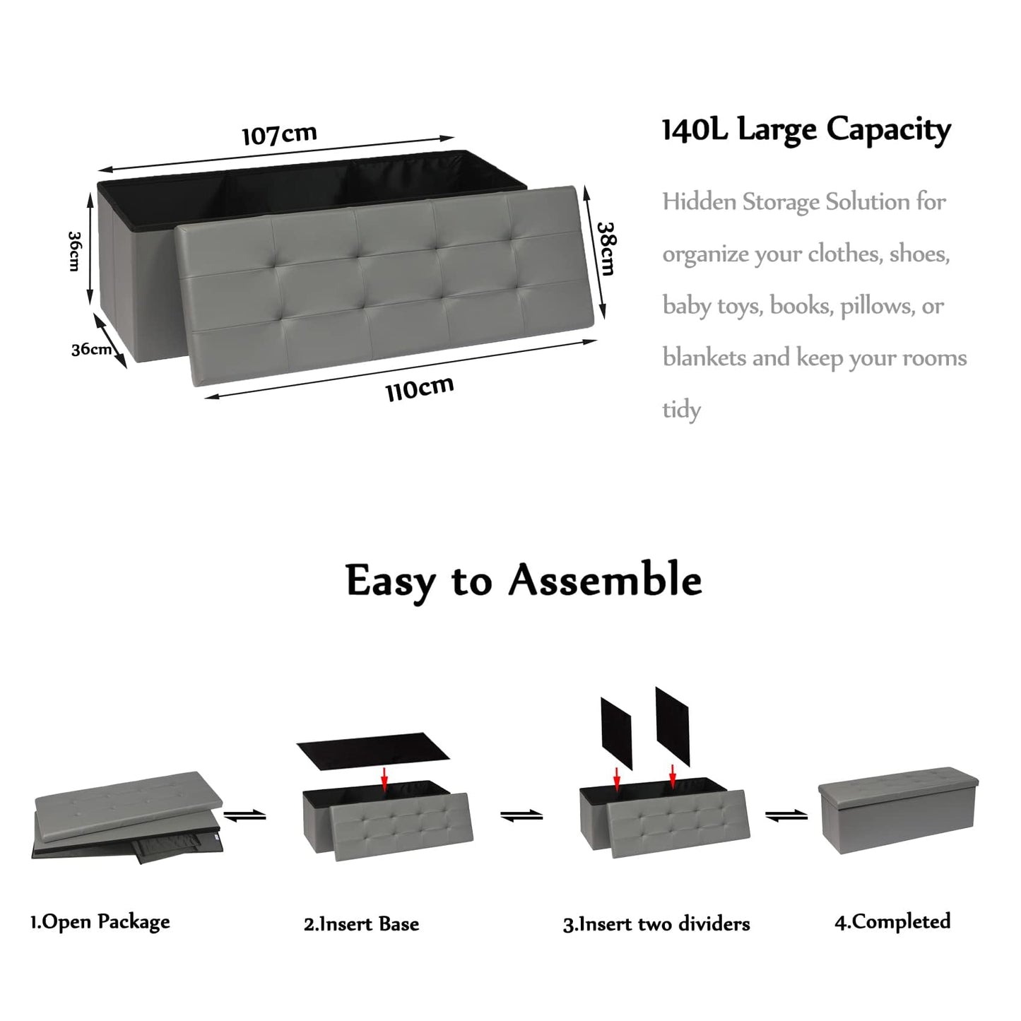 Bonlife ottoman Storage Boxes Bench Toy Box Chest Foldable Seat,End of Bed Bench,Faux Leather Foot Stool for Bedroom110x38x38cm(Light Grey)