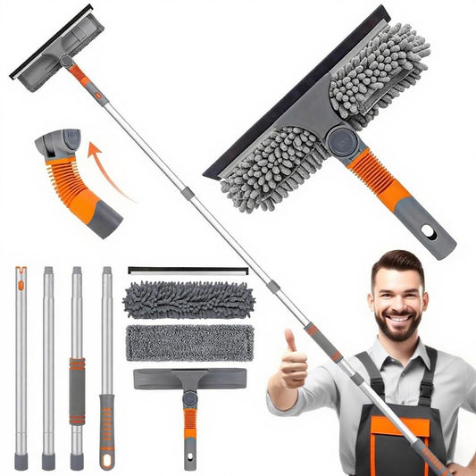 Bingobang 1.62M Window Squeegee Cleaner Kit with Telescopic Pole, 2-in-1 Long Extendable Window Cleaning Equipment with Interchangeable Cleaning