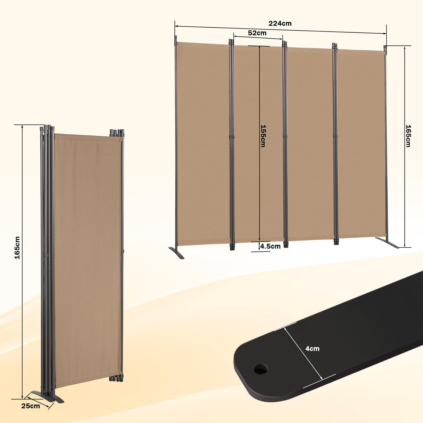 Angel Living 4 Panels Folding Room Divider, Privacy Screen Composed of Polyester Fabric and Sturdy Iron Frame