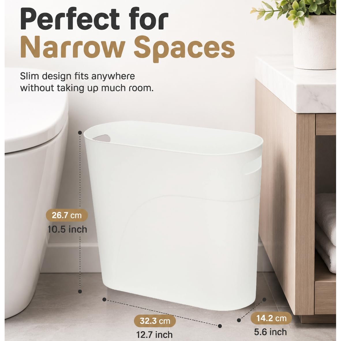 Caxmtu Small Bathroom Bin Plastic Bathroom Wastebasket 10 Litres Slim Garbage Container Bins with Handle for Home Kitchen Bathroom Bedroom Office