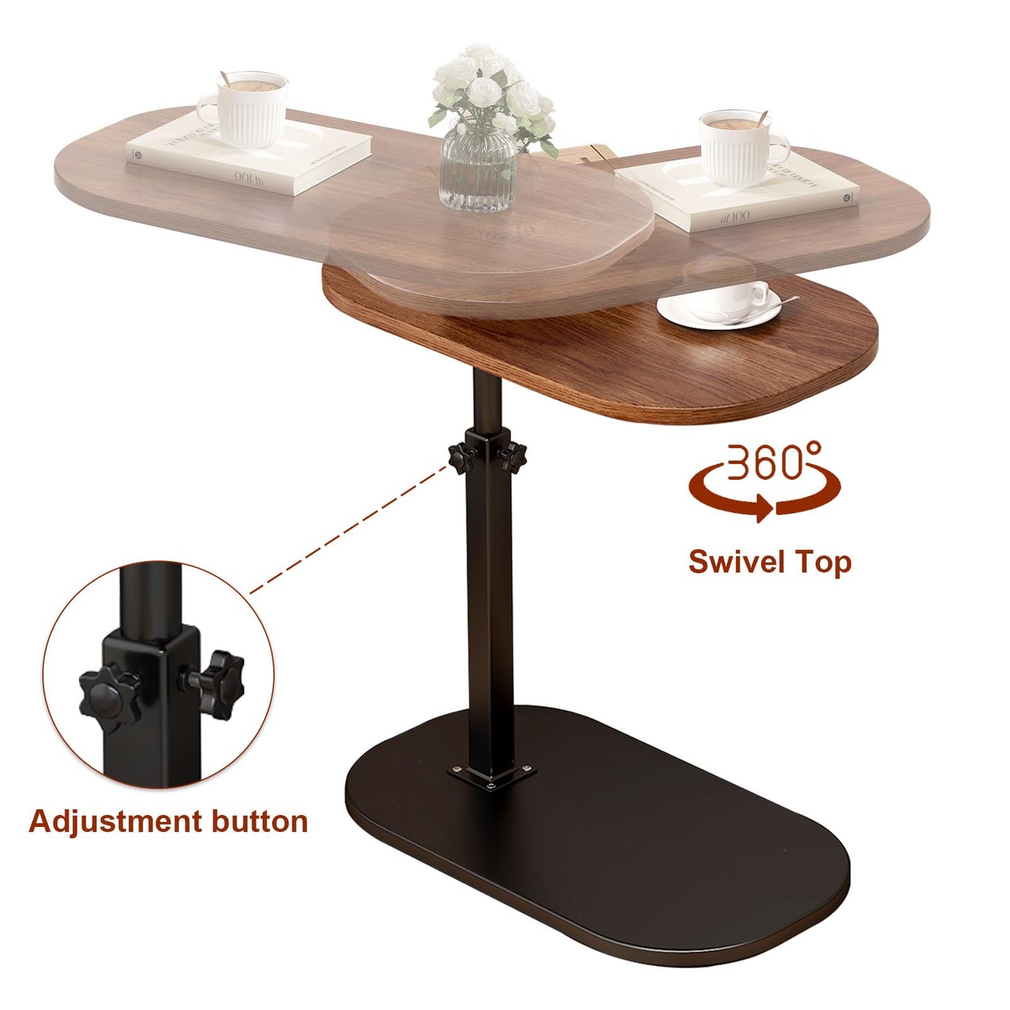 liameya Adjustable Height C Shaped Side Table, 360°Swivel Laptop Tv Tray Desk for Couch and Bedside