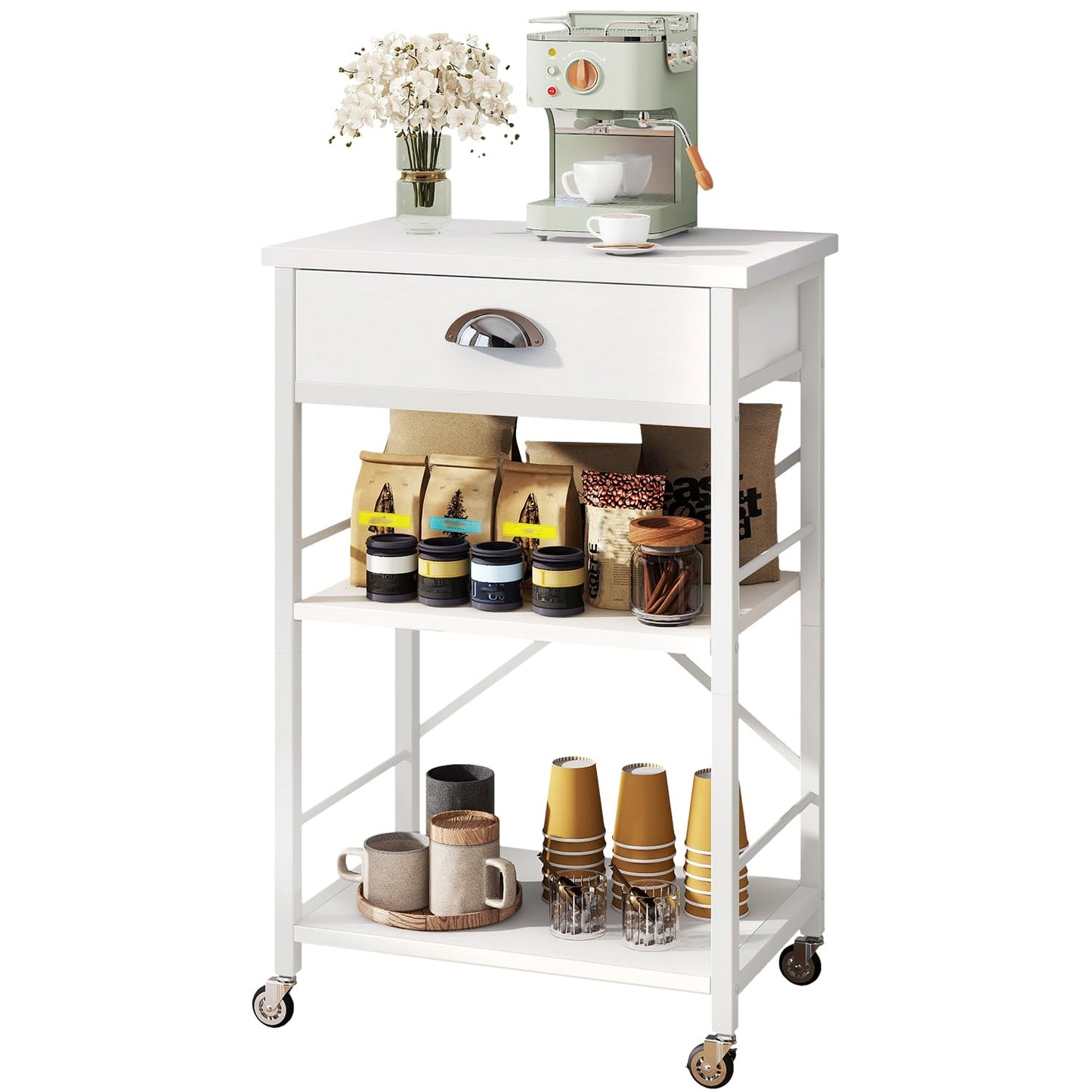 IBUYKE Kitchen Bakers Rack with Drawers,3-Tier Microwave Oven Stand with Storage, Coffee Bar Table with Wheels,Adjustable Shelf,Simple Assembly,White