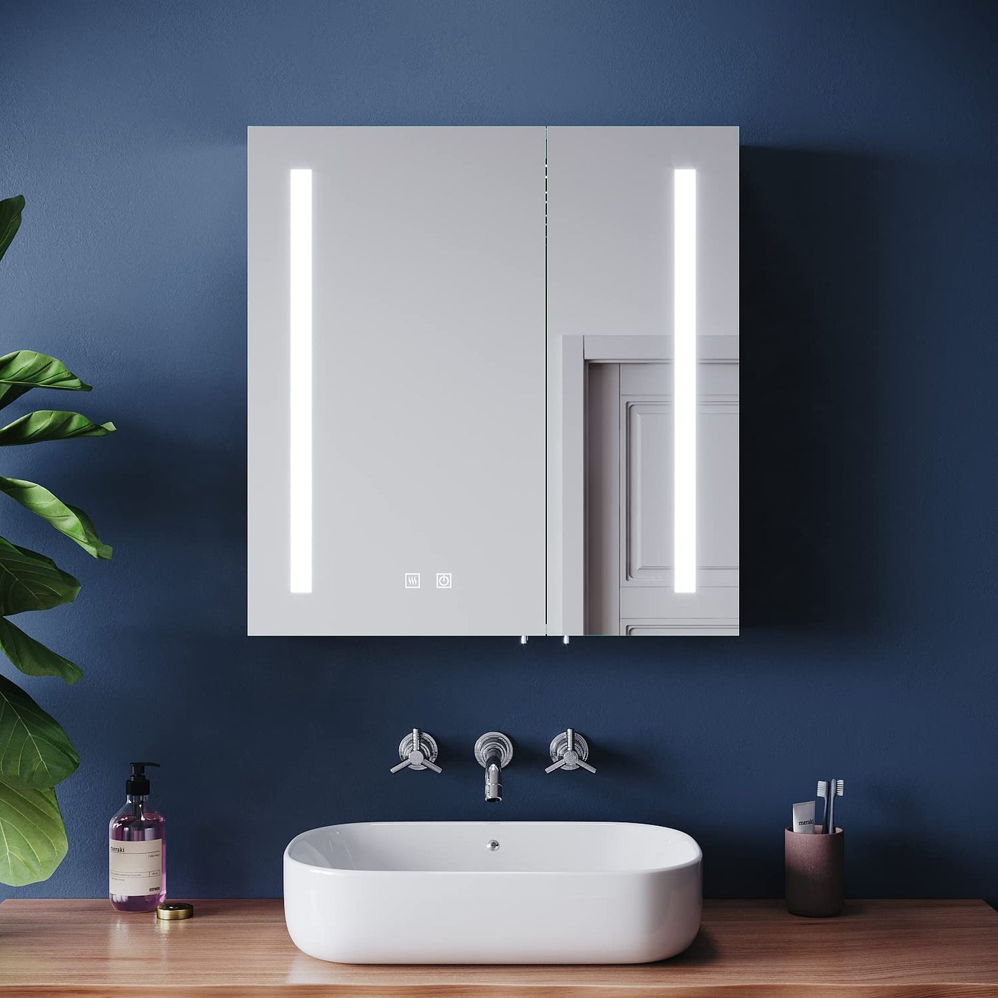 ELEGANT Bathroom Mirror Cabinets with Lights and Shaver Socket, Double Door Stainless Steel Bathroom Wall Cabinets with Demister Pad & Adjustable