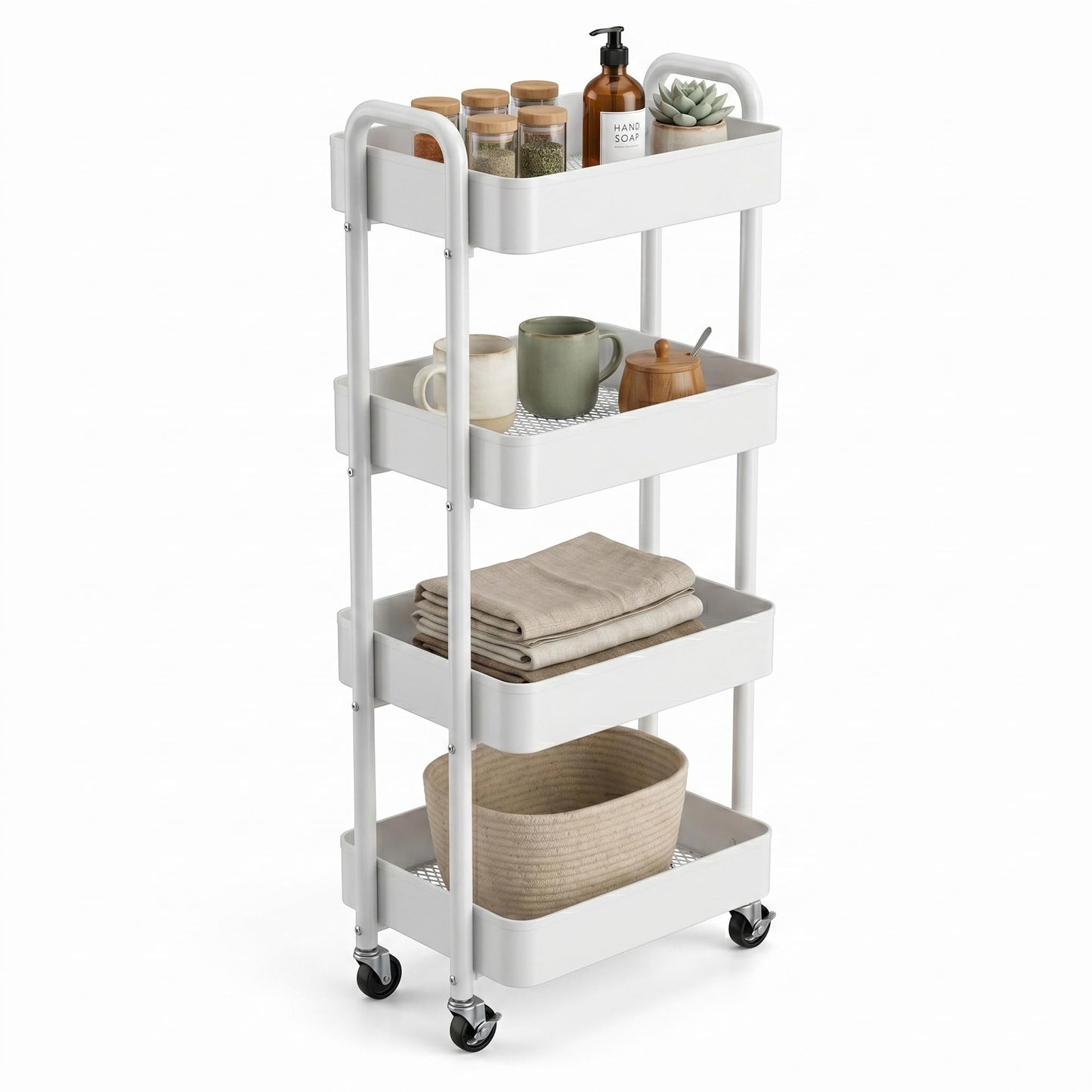 Heavy-Duty Iron Mesh 4-Tier Storage Rolling Cart Trolley Mobile Shelving Organiser with Swivel Wheels for Kitchen Bedroom Bathroom Laundry Office