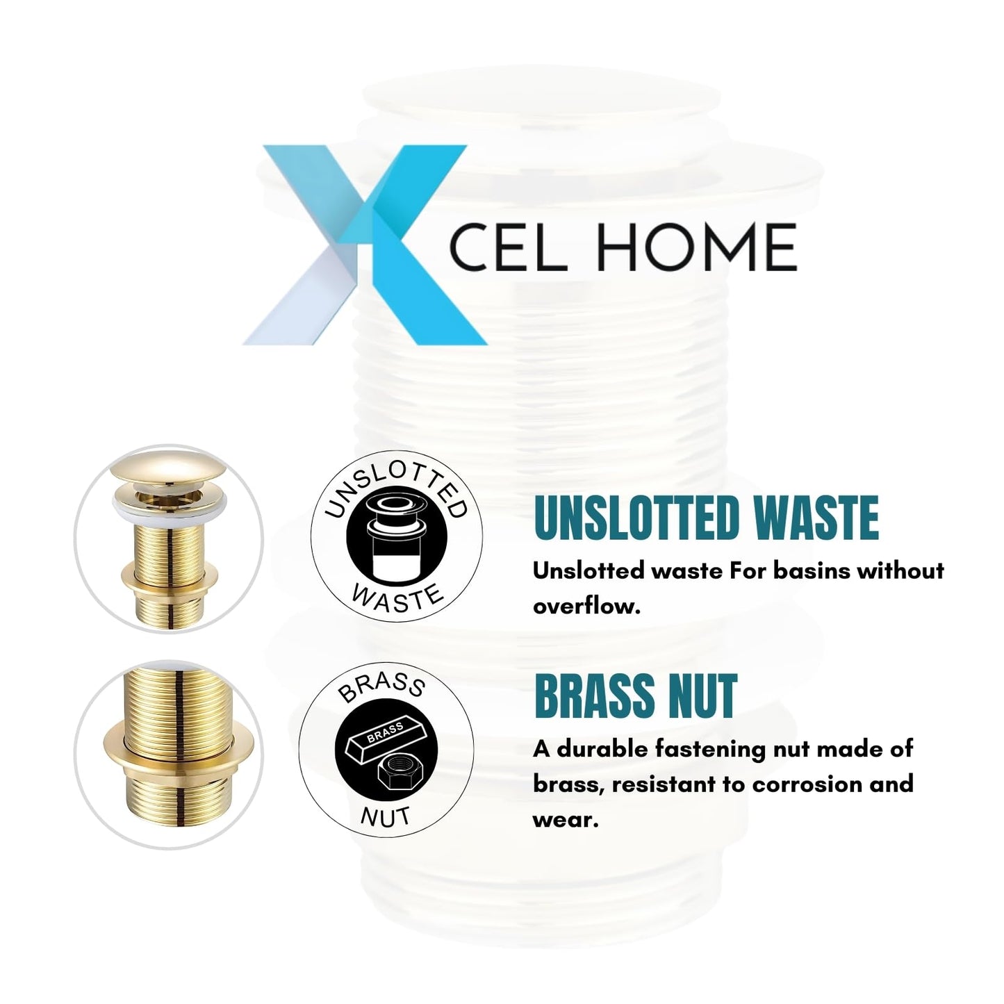 Gold Unslotted Dome Basin Waste with Brass Nut - Bathroom Sink Drain