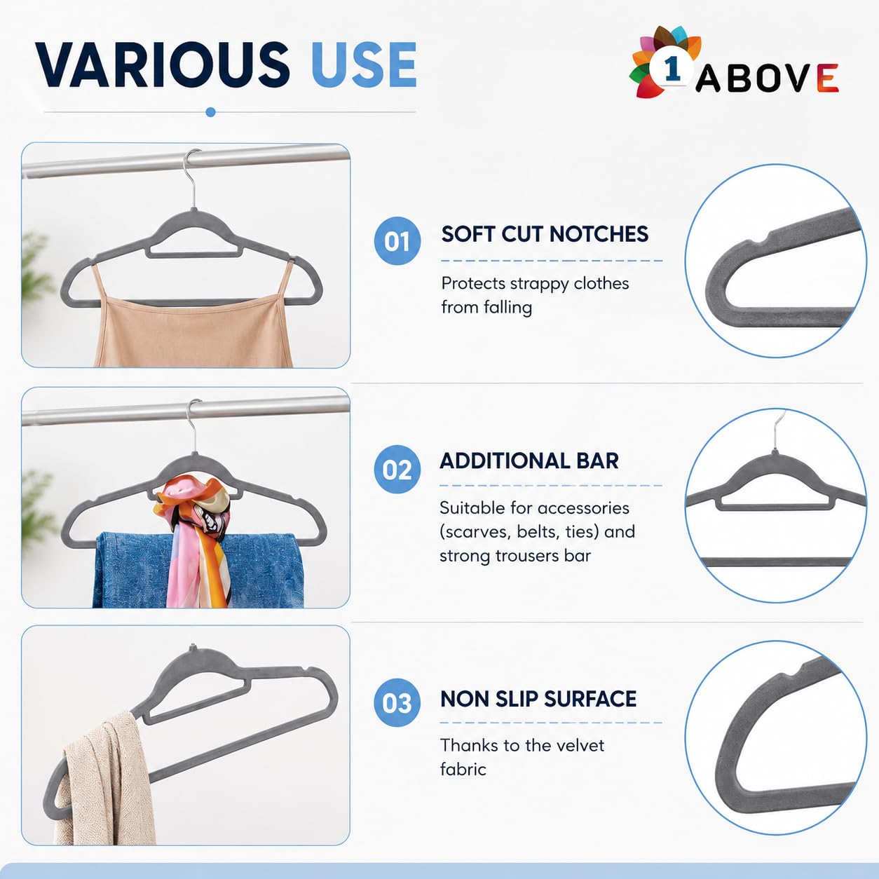 1ABOVE Premium Quality 20 pack Non-Slip Velvet Hangers (44cm) Heavy Duty Velvet Suit Hangers with Tie Bar, 360° Swivel Hooks – Space saving