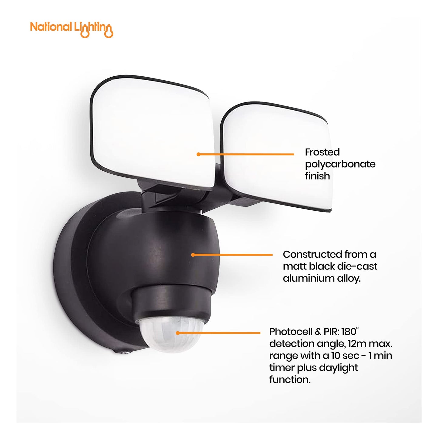 National Lighting Twin LED PIR Floodlight - IP44 Rated Outdoor Security Lights with Motion Sensor - Mains Powered Flood Lights Adjustable Double Head