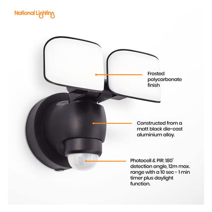 National Lighting Twin LED PIR Floodlight - IP44 Rated Outdoor Security Lights with Motion Sensor - Mains Powered Flood Lights Adjustable Double Head