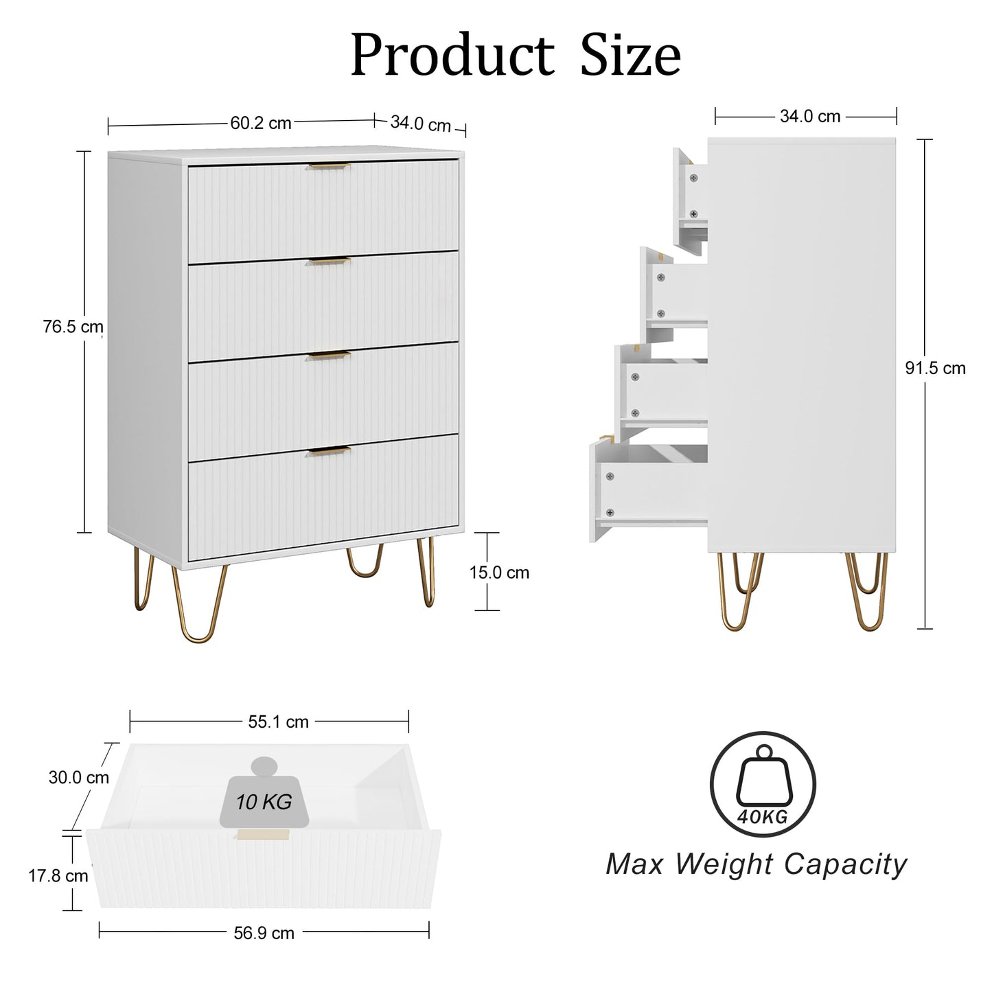 HEYZOEY White Chest of 4 Drawers for Bedroom, 60x34x91cm, Wood Storage Dresser Bedroom Furniture Cabinet for Living Room,Office,Lounge,White