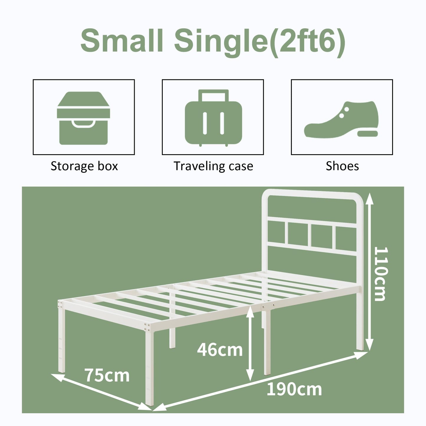 Lutown-Teen Metal Small Single Bed Frame with Headboard, 46 cm High, White