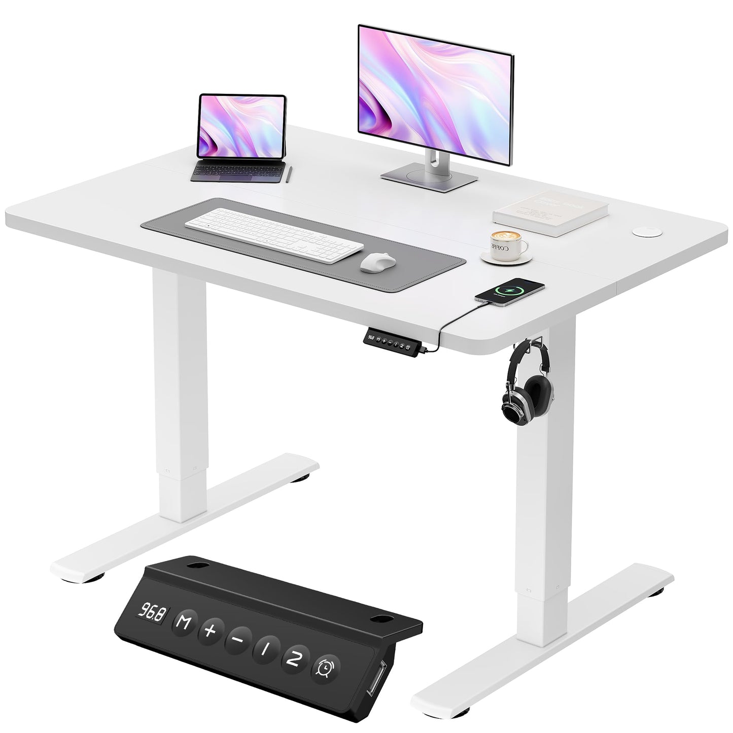 JUMMICO Electric Standing Desk 100x60cm – Height Adjustable with USB Charging, Sedentary Reminder, Memory Heights for Home Office Use, White