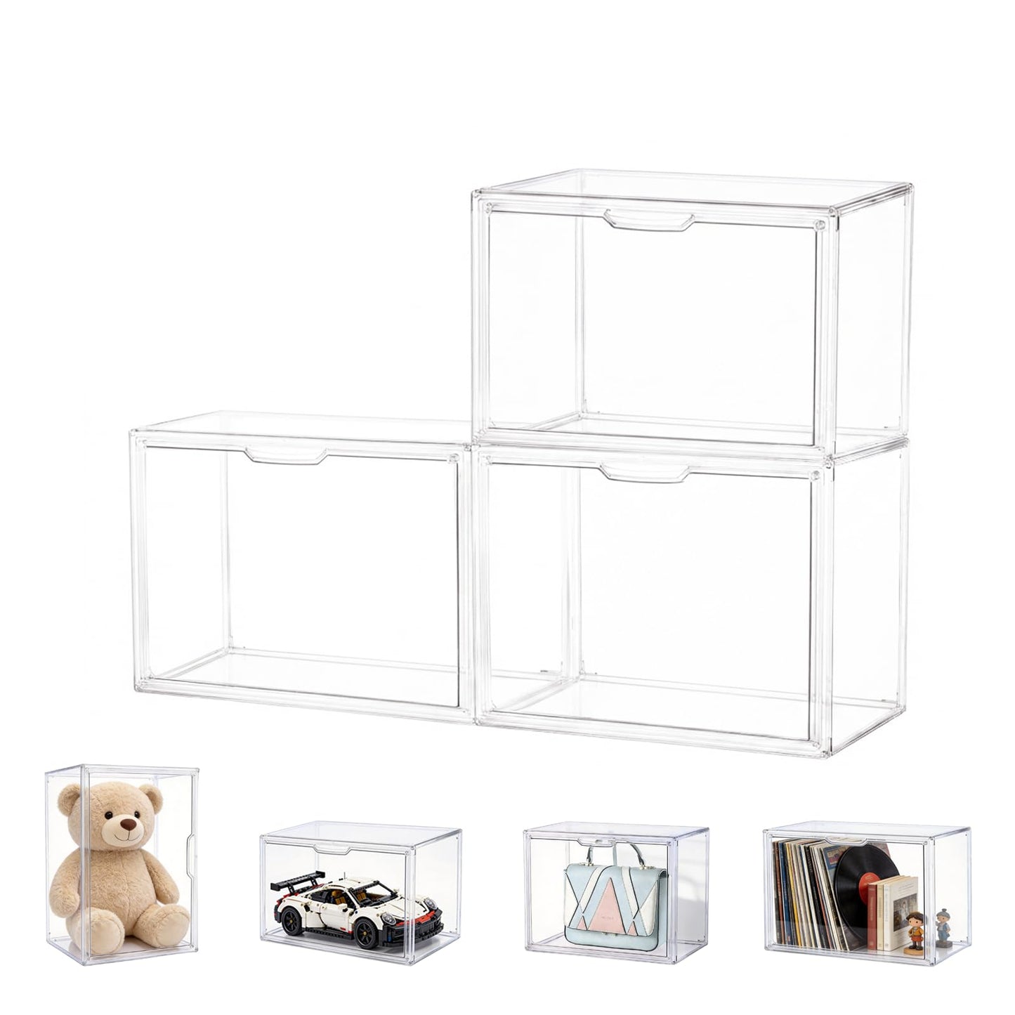 Umisu 3 Pack Handbag Storage Organizer, Clear Acrylic Handbag Display Case with Magnetic Door, Luxury Stackable Purse & Clutch Storage Box