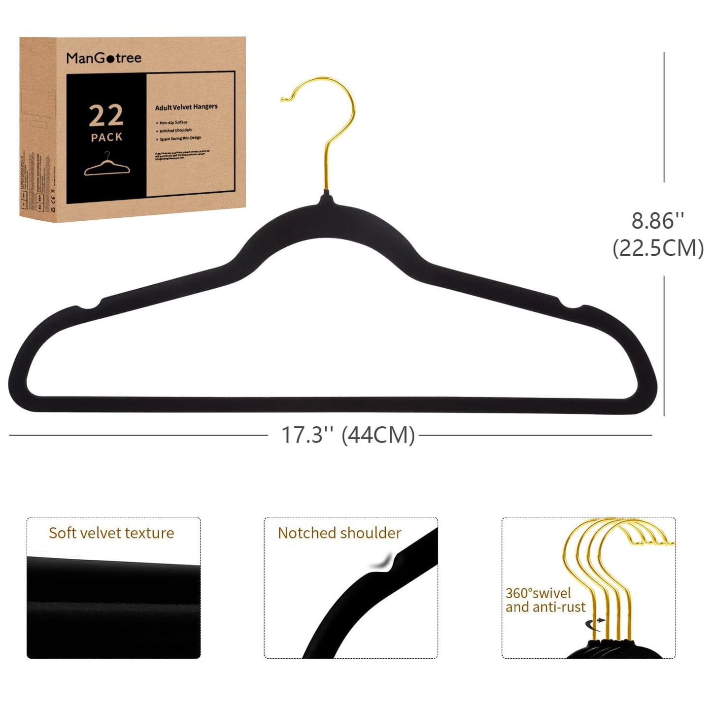 ManGotree Velvet Coat Hangers with 360° Swivel Gold Hook 22 Pack Black