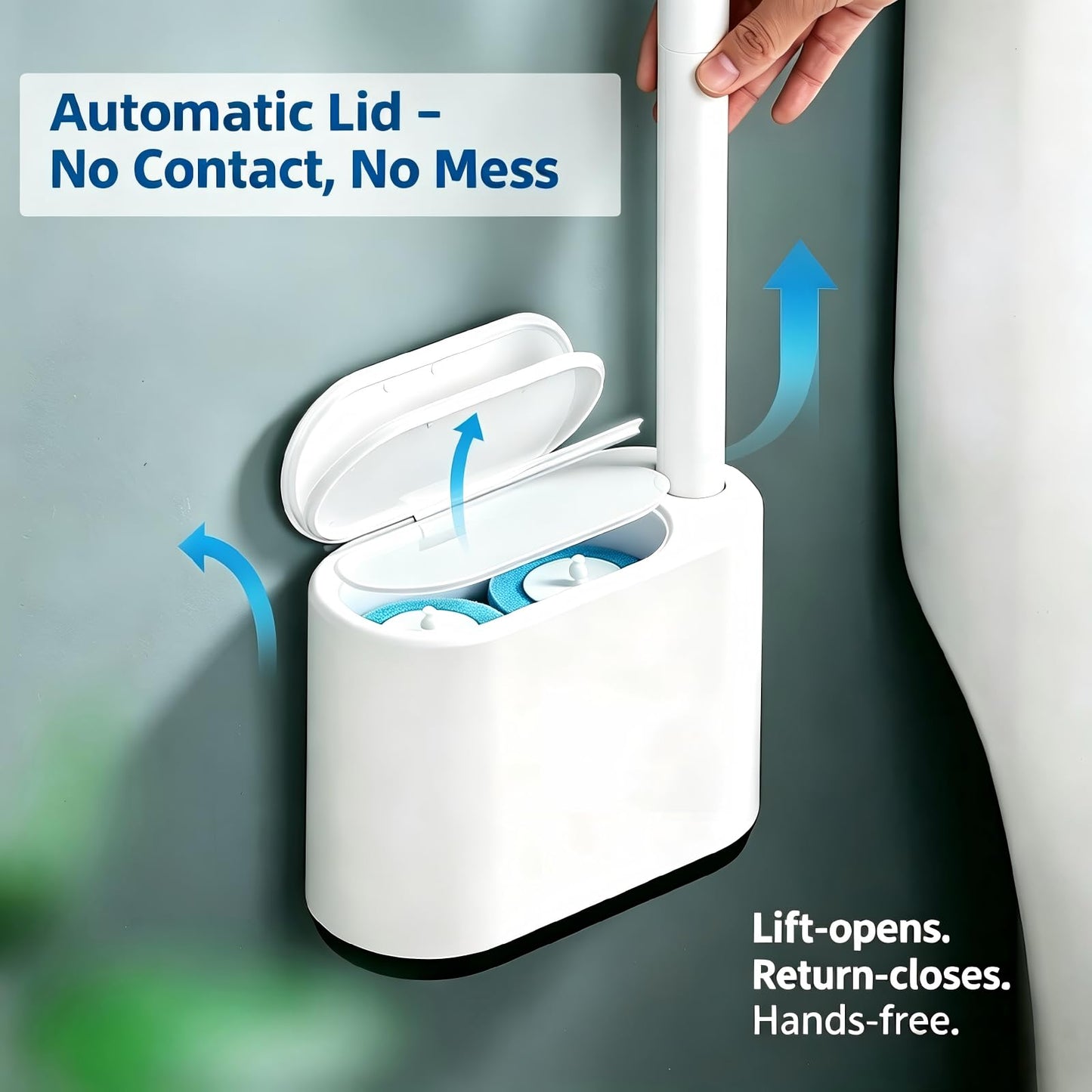 Viaptus Disposable Toilet Brush Set with Refills, Wall Mounted Wand Starter Kit with 360° Swivel Head, Automatic Lid, Hygienic Contact-Free Use