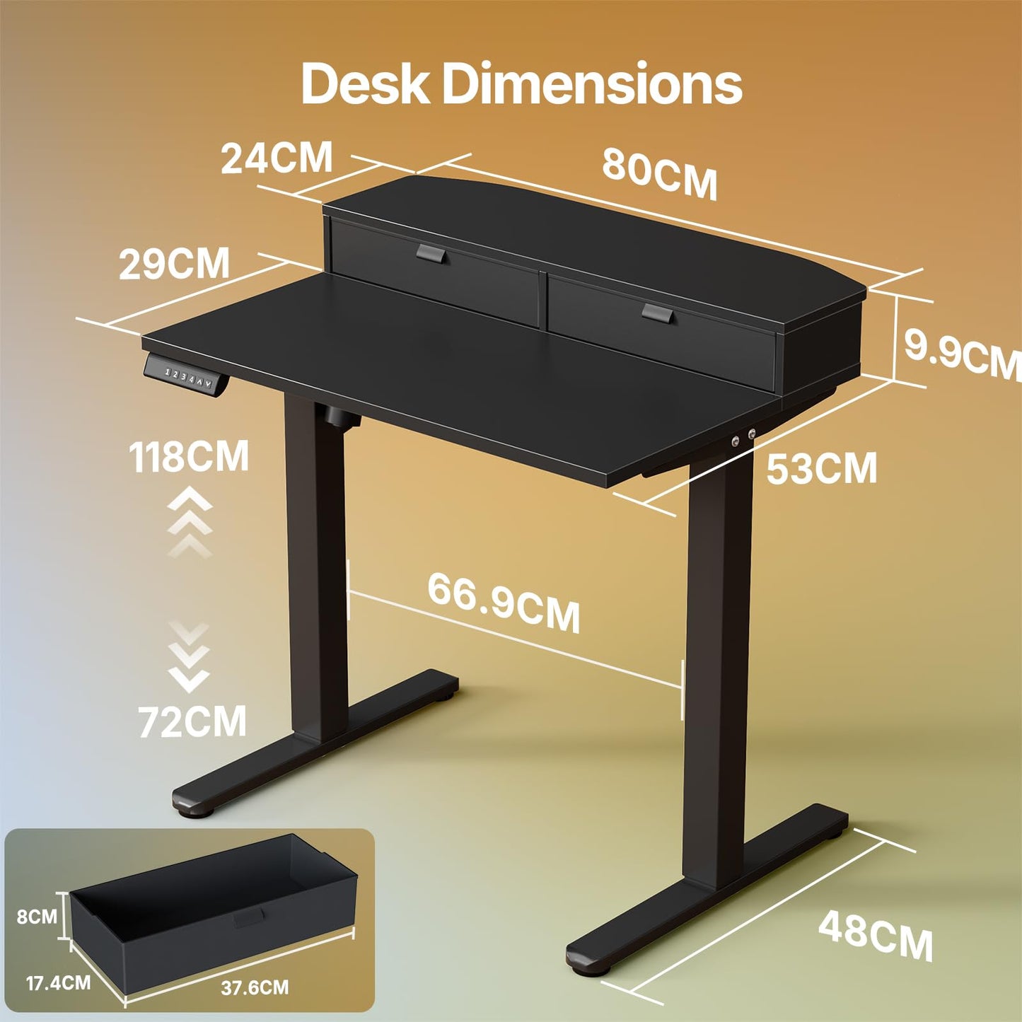 HUANUO Standing Desk with Drawers, 80x53cm, Black