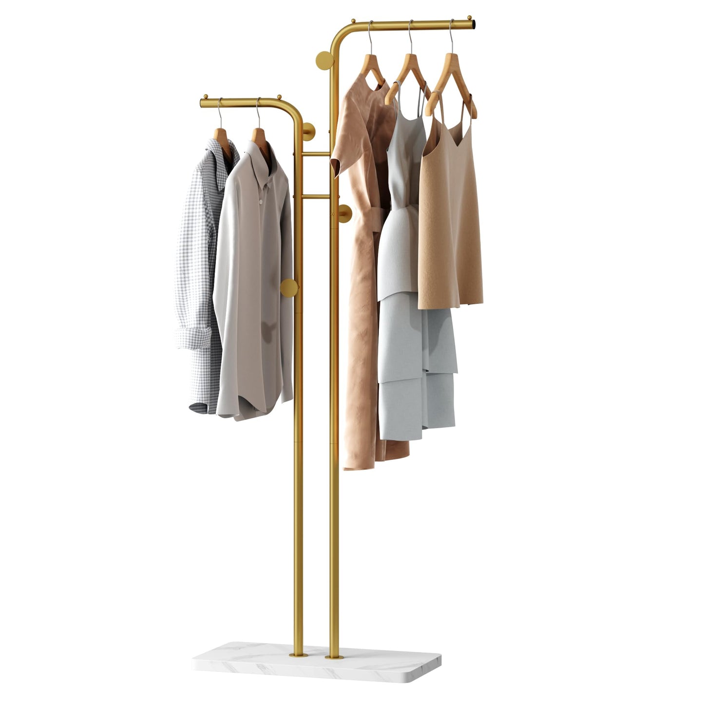 HOME BI Metal Coat Rack, Modern Coat Tree with 5 Hooks, Double-pole Clothes Hanger Stand, Freestanding Coat Rack for Entryway, Closet, Bedroom, Gold