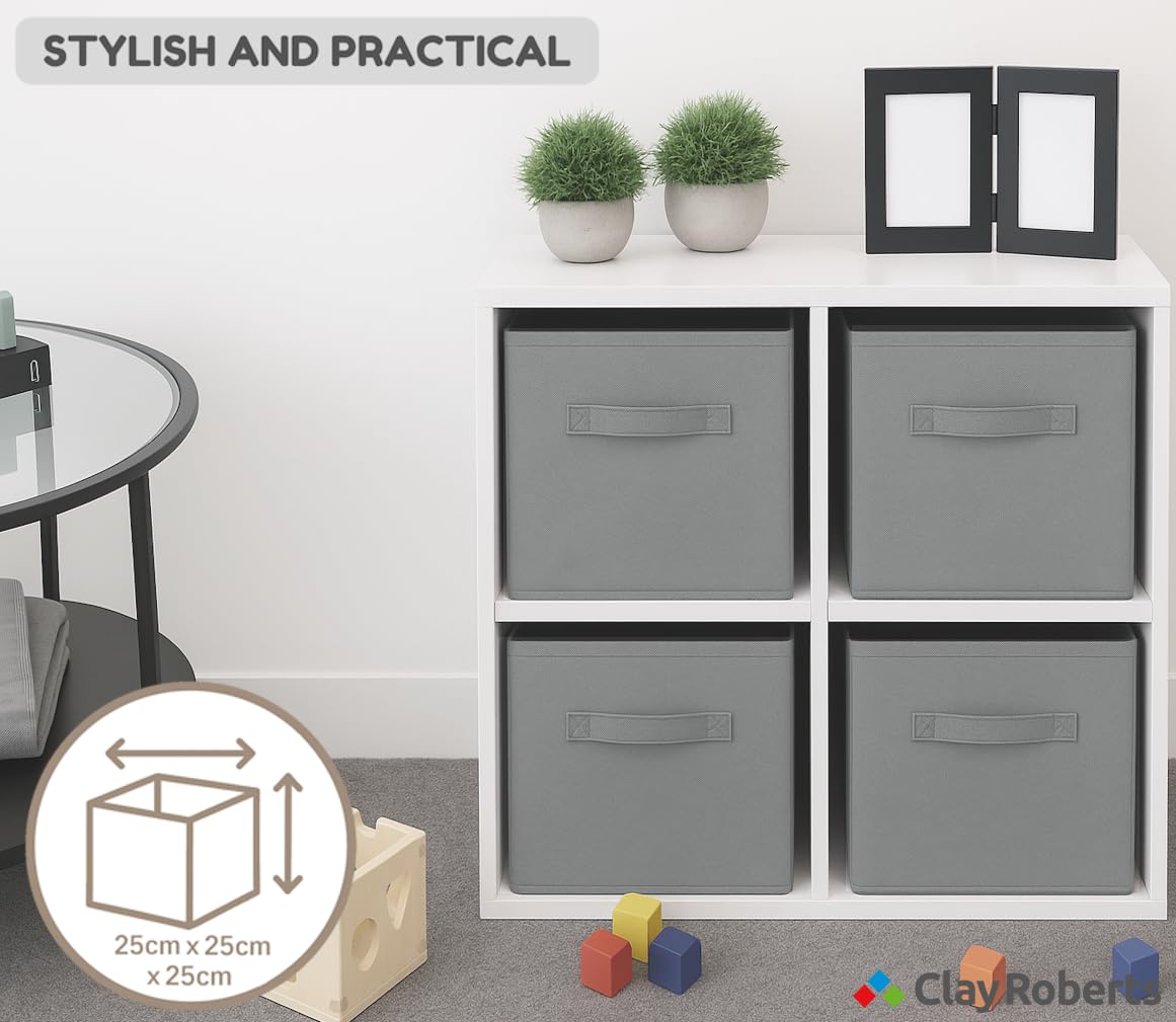 Clay Roberts Storage Cubes, Storage Boxes, Pack of 4, Grey, Fabric Basket Set for Storage Units, 25cm x 25cm x 25cm, Grey Baskets, Boxes, Box