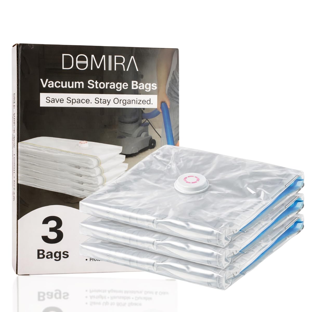 DOMIRA Vacuum Storage Bags – Space Saver Bags For Clothes, Duvets, Travel – Airtight Compression Seal – Reusable, Heavy Duty Vacuum Bags (Small, 3PK)