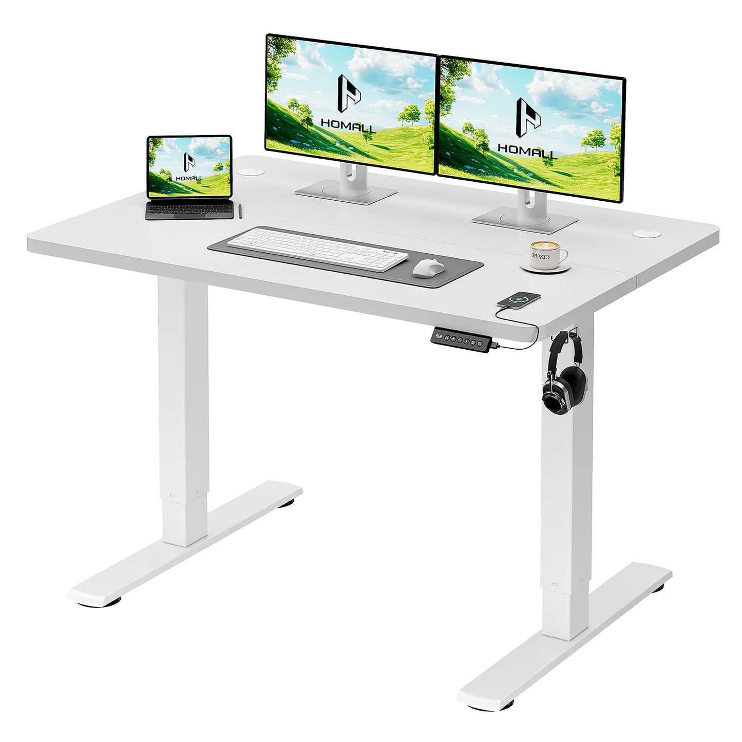 Homall Electric Height Adjustable Desk, Adjustable Height Office Desk with USB Ports, 100x60cm, Home Office with Splice Board, White