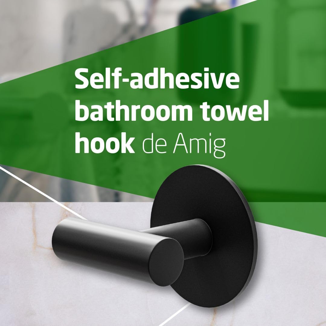 Amig - Self-Adhesive Bathroom Towel Hook Mod. 6 | Wall-Mounted Towel Hook Screwless Adhesive | 60 x 55 x 65 mm | Stainless Steel | Matt Black