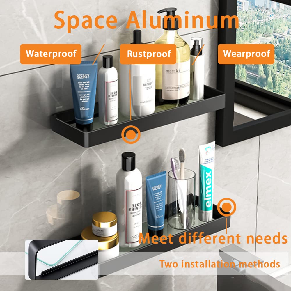 Biutimarden Bathroom Shelf Rectangular No Drilling Wall Mounted Tempered Glass Shower Caddy Space Aluminum Rustproof Storage Organizer for Bathroom