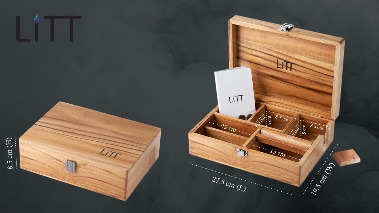 LITT Portable Teak Wooden Stash Box - Rolling Storage Set with Tray, Accessory with Lid - Discreet Secure Storage