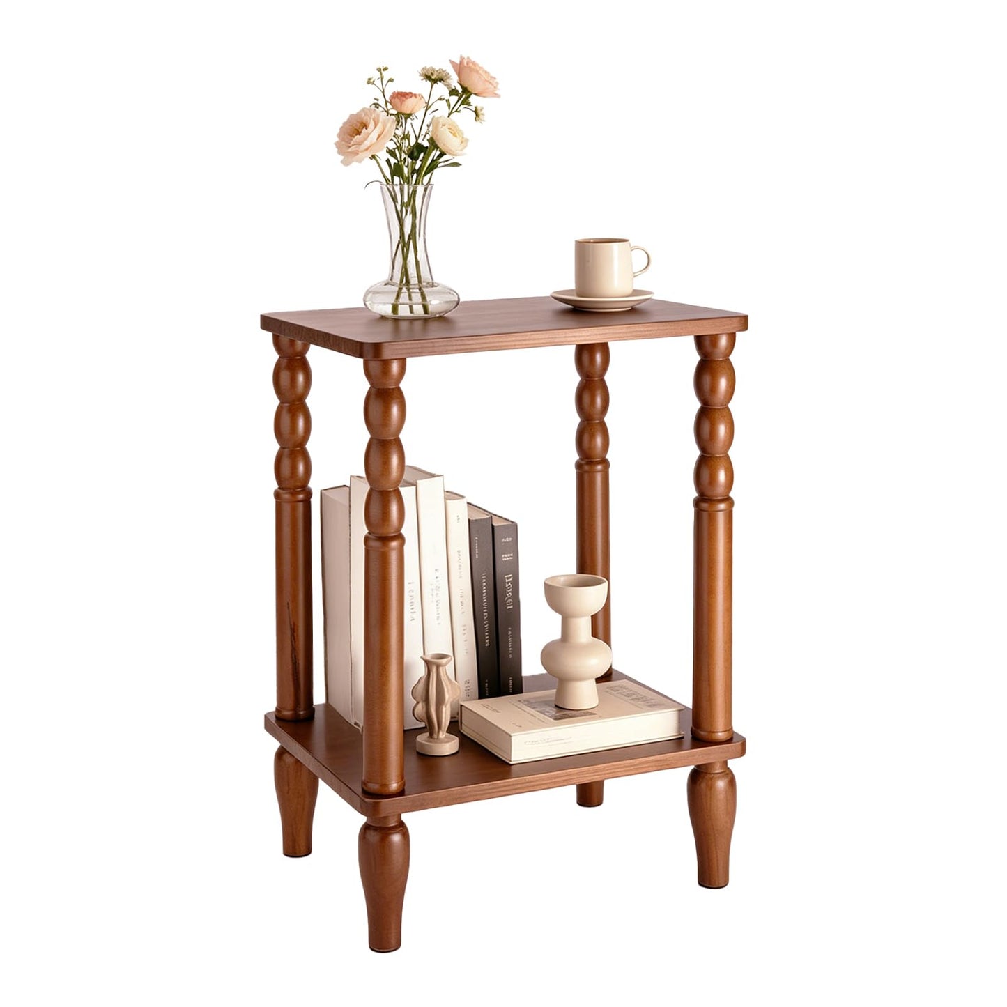 Lampaggio Solid Wood End Table with Storage Shelf, 2-Tier Small Side Table with Vintage Spindle Legs, Narrow Nightstand for Living Room