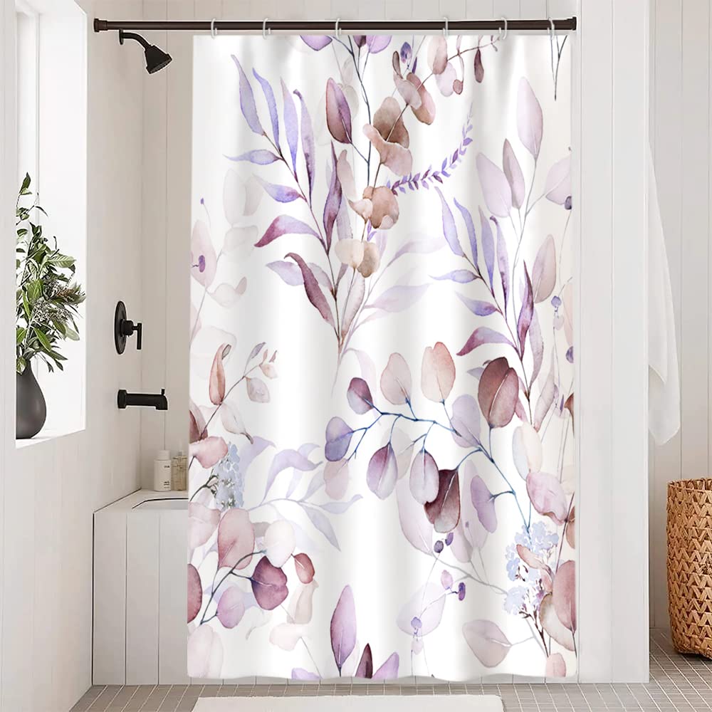 Uiiooazy Eucalyptus Shower Curtain, Pink Violet Leaves Floral Bath Curtain Mildew and Mould Resistant Waterproof Polyester Fabric Washable Opaque