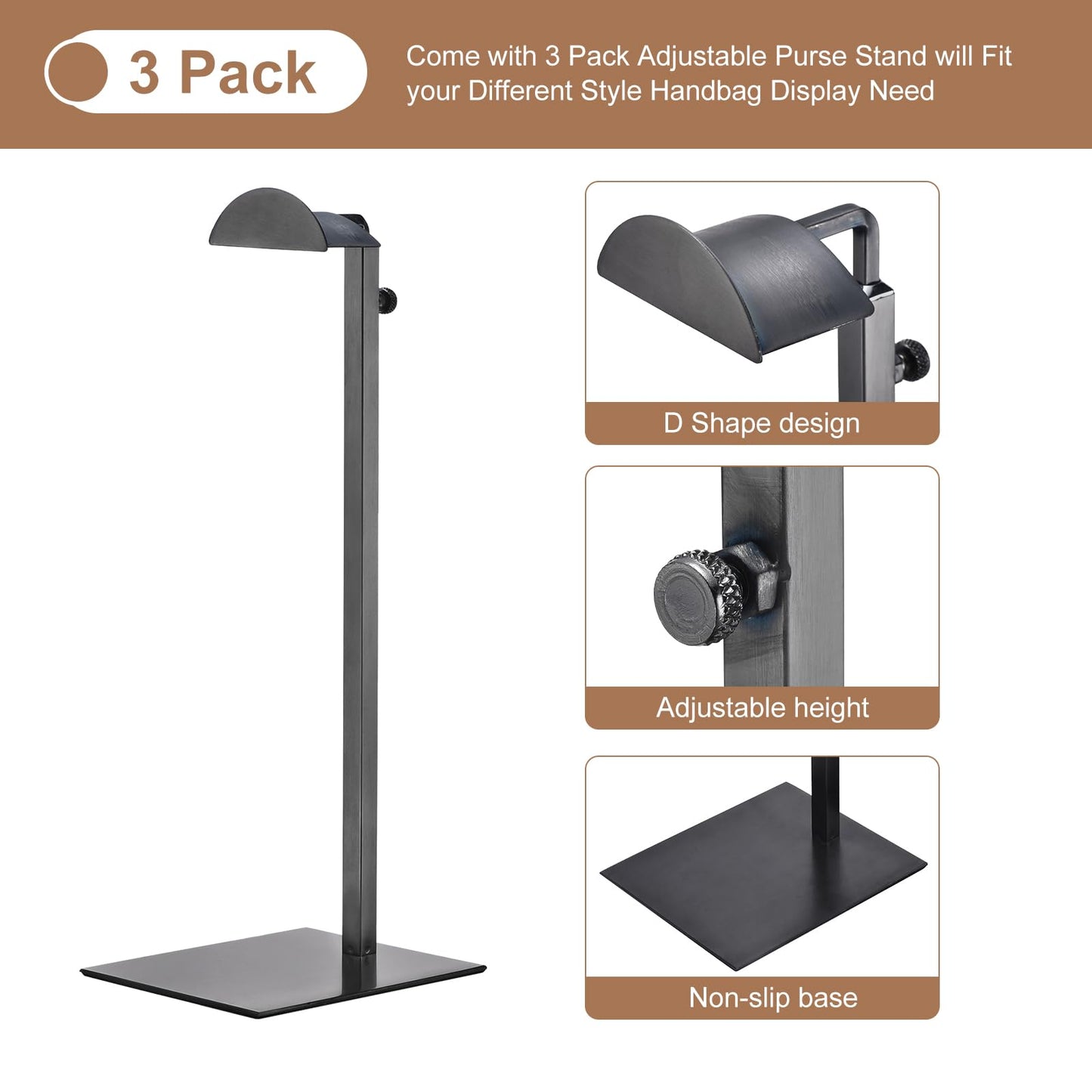 sourcing map Purse Display Stand Set 3 Pack Metal Adjustable Handbag Rack Single Hook Holder for Boutique Store - Black
