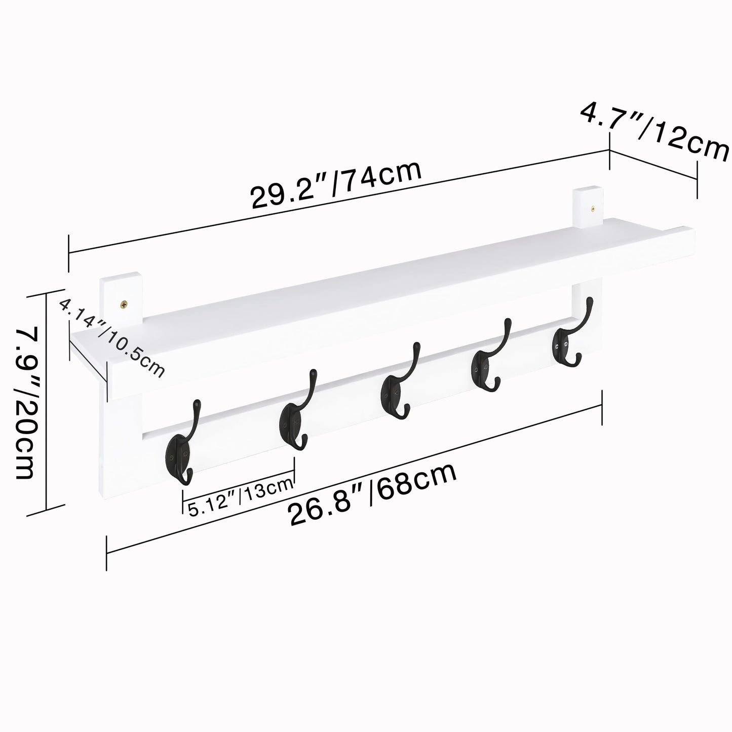 SMIBUY Coat Hooks with Shelf Wall-Mounted, 74 cm Entryway Coat Rack for Wall, Bamboo Hanging Shelf with 5 Double Metal Hooks for Bathroom, Bedroom