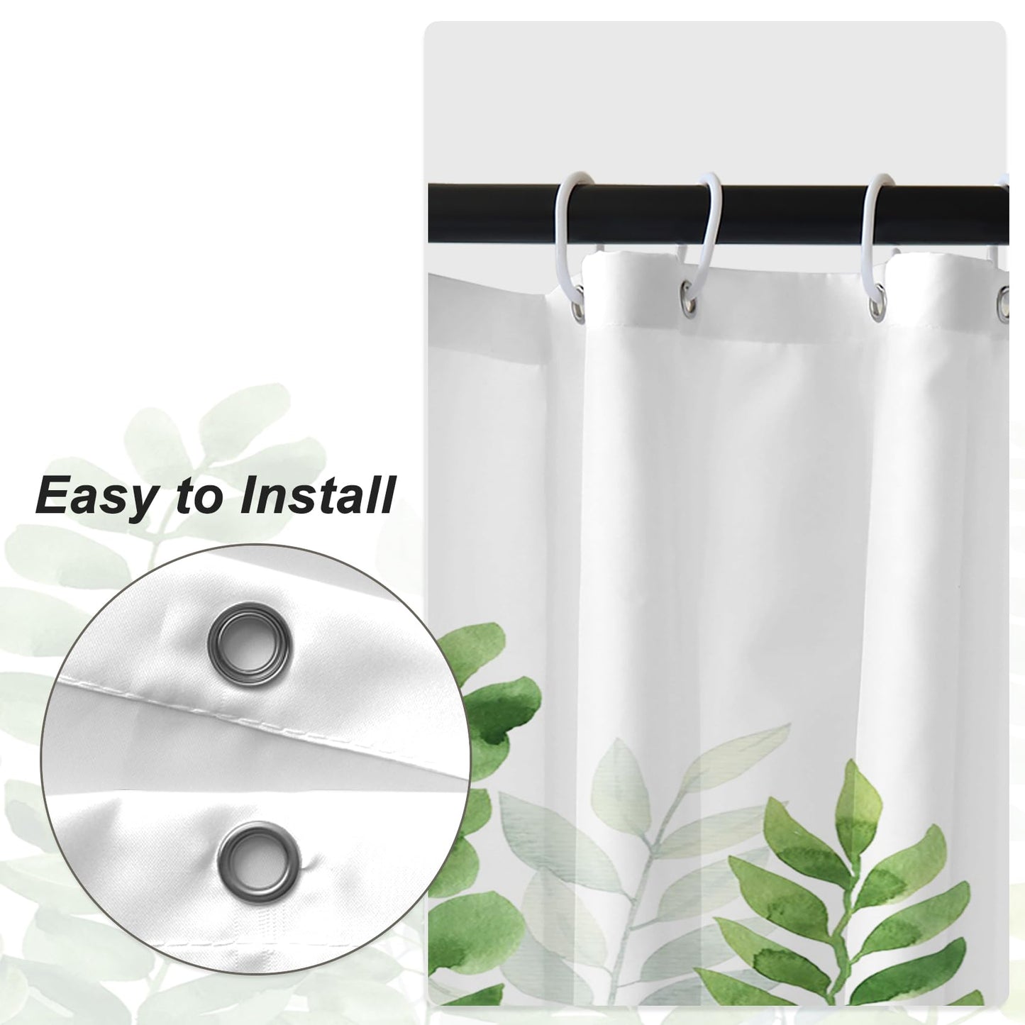 Bovlleetd Green White Stall Shower Curtain Watercolor Botanical Eucalyptus Leaves Bathroom Plants Shower Curtain Polyester Fabric Bath Curtain with