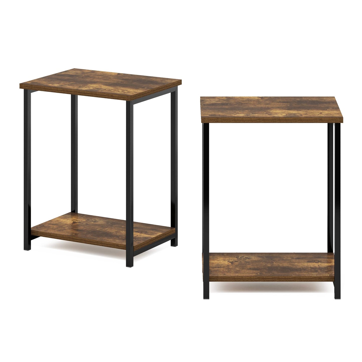 Furinno SIMPLISTIC Side Table Set of 2, 2-Tier Metal Frame End Table with Open Shelf, Night Stand, Bedside Table, for Living Room, Bedroom, Amber Pine