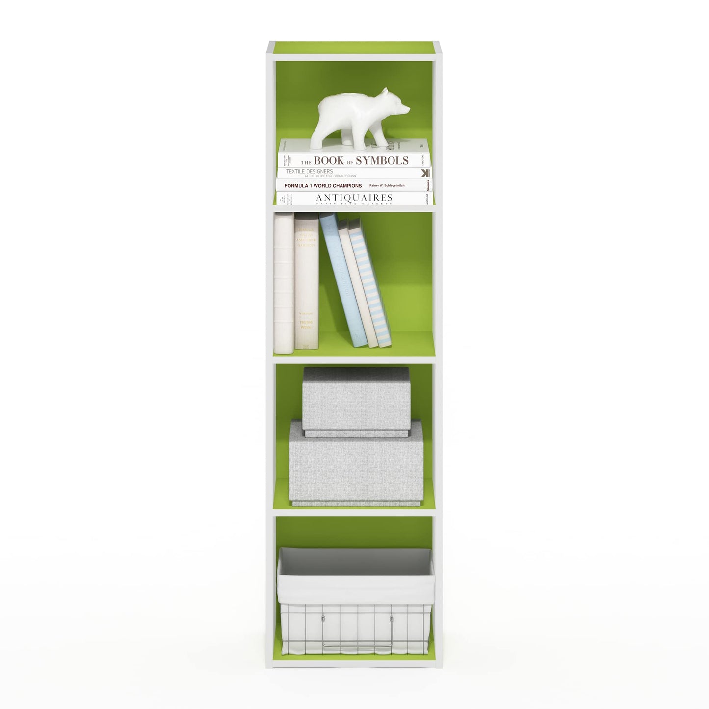 Furinno PASIR Book Shelf, 4-Tier Modern Bookshelf, Open Shelves Bookcase 9 x 12 x 42, for Living Room, Bedroom, Home Office, Green/White