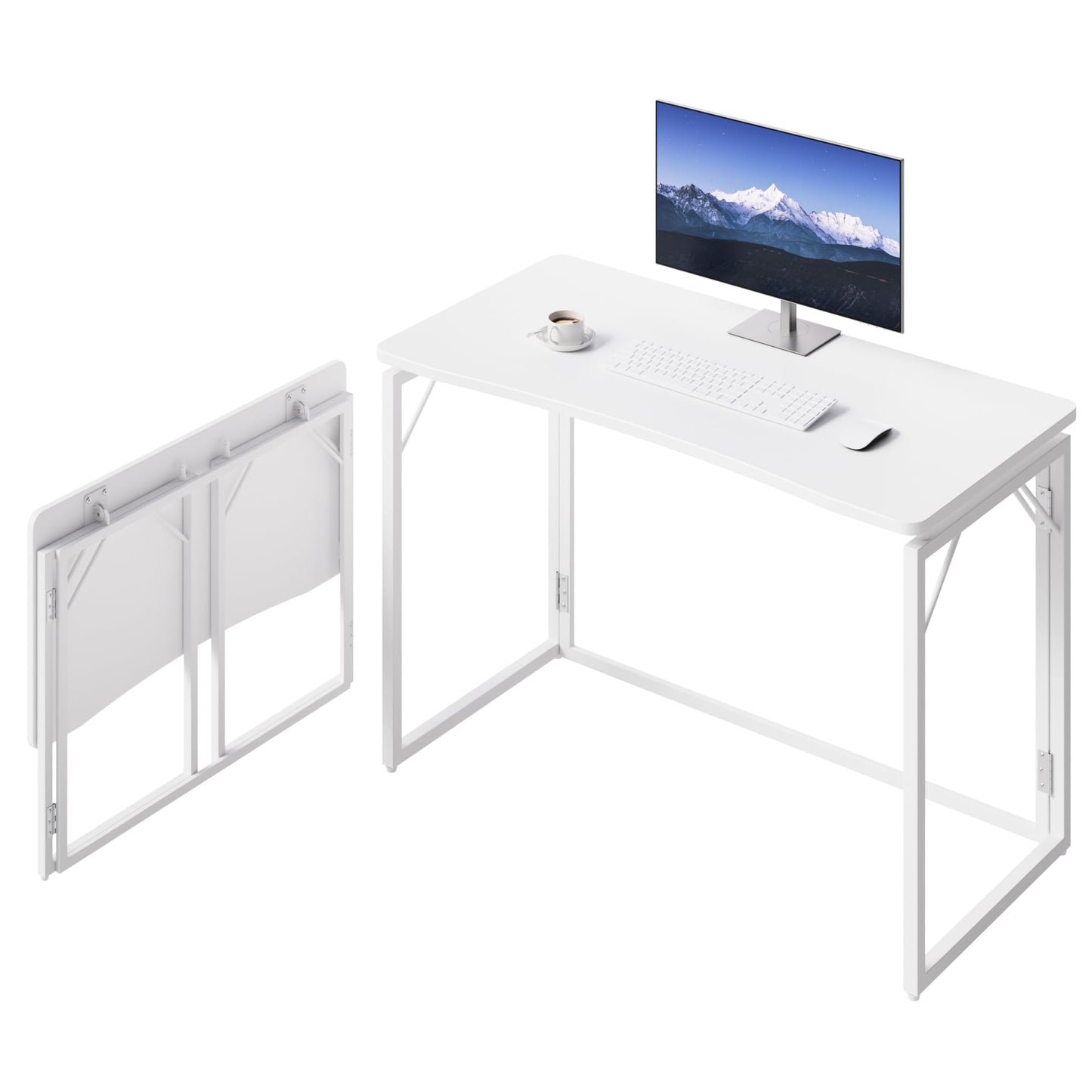 JOYMOOP White Folding Desk - 100 x 50 cm, No Assembly Middle Size Foldable Desk for Home, Office, Wooden Top Folding Computer Desk for Working