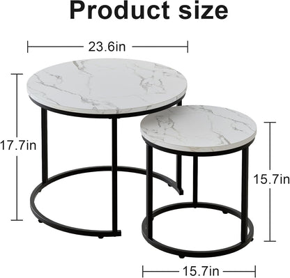 Garden 4 you Coffee Table,Round Nest of Tables Set of 2 for Living Room,Marble Center Tea Table with Metal Frame,End Side table for Small