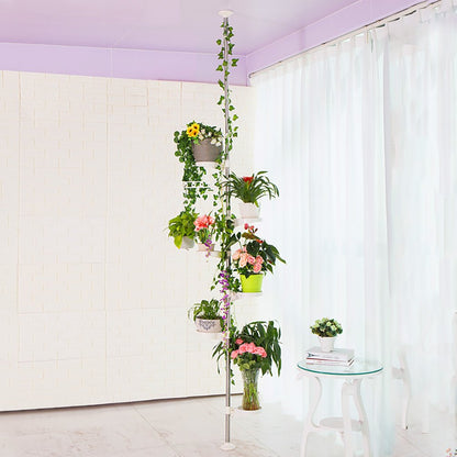 BAOYOUNI Plant Stand Tension Pole Indoor Telescopic Rod Corner Metal Flower Display Rack Tiered Pot Holder Adjustable Hanging Storage Shelf Floor to