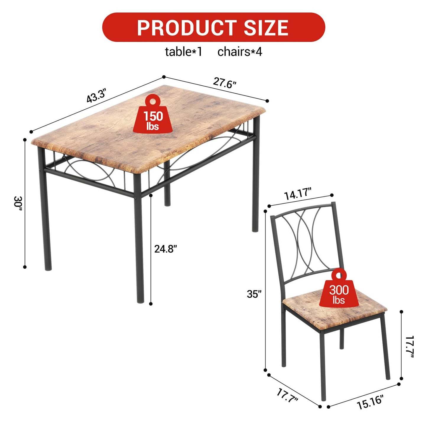 Dining Table and 4 Chairs Set, 5-Piece Kitchen Table Set with Heavy Duty Metal Frame, Space Saving Furniture for Small Dining Room, Apartment