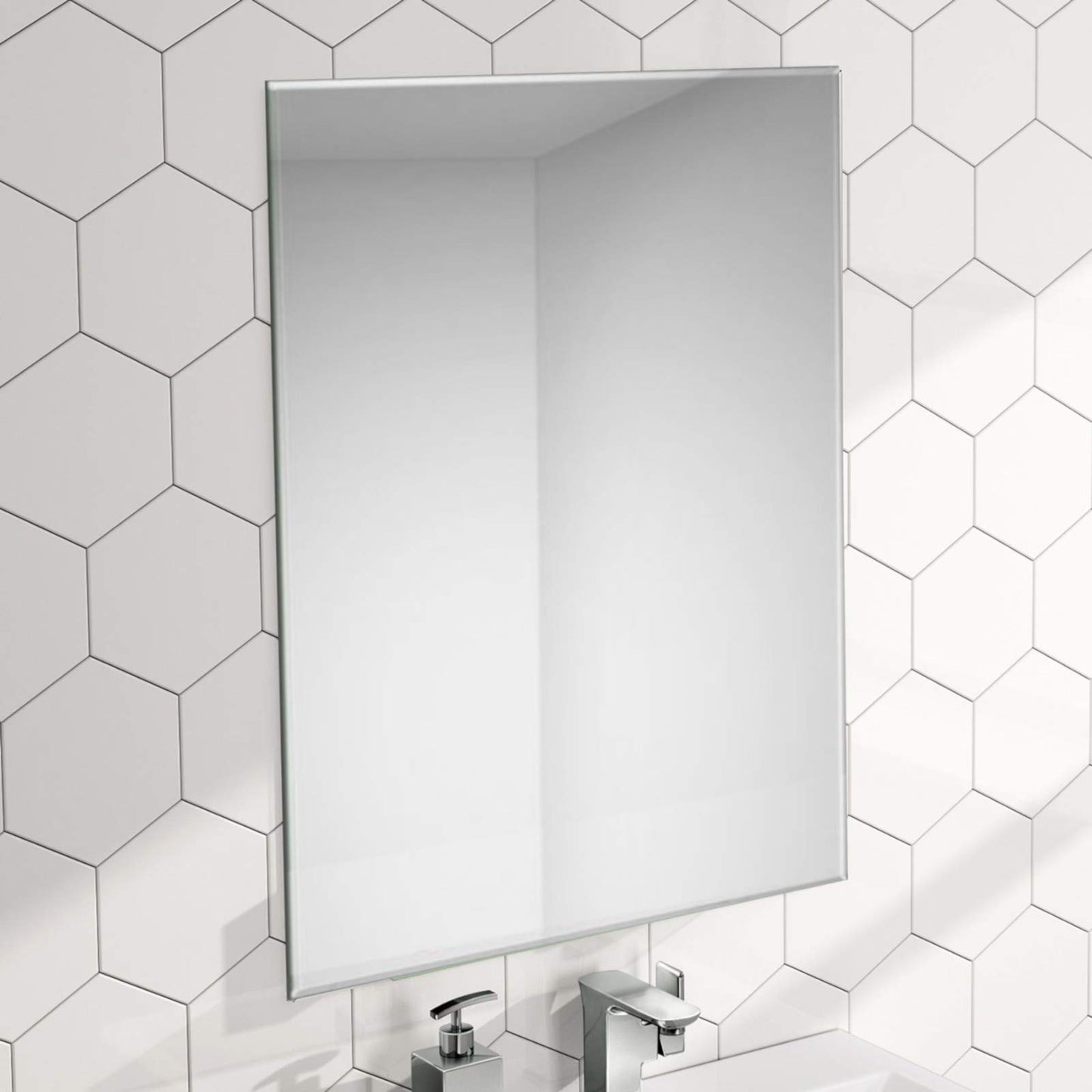 ENKI - Horizon Frameless Bevel Polished Edge Glass Wall Mirror (40cm x 60cm) for Bathroom, Bedroom, Living Room & Hallway  Durable, Easy to Install,