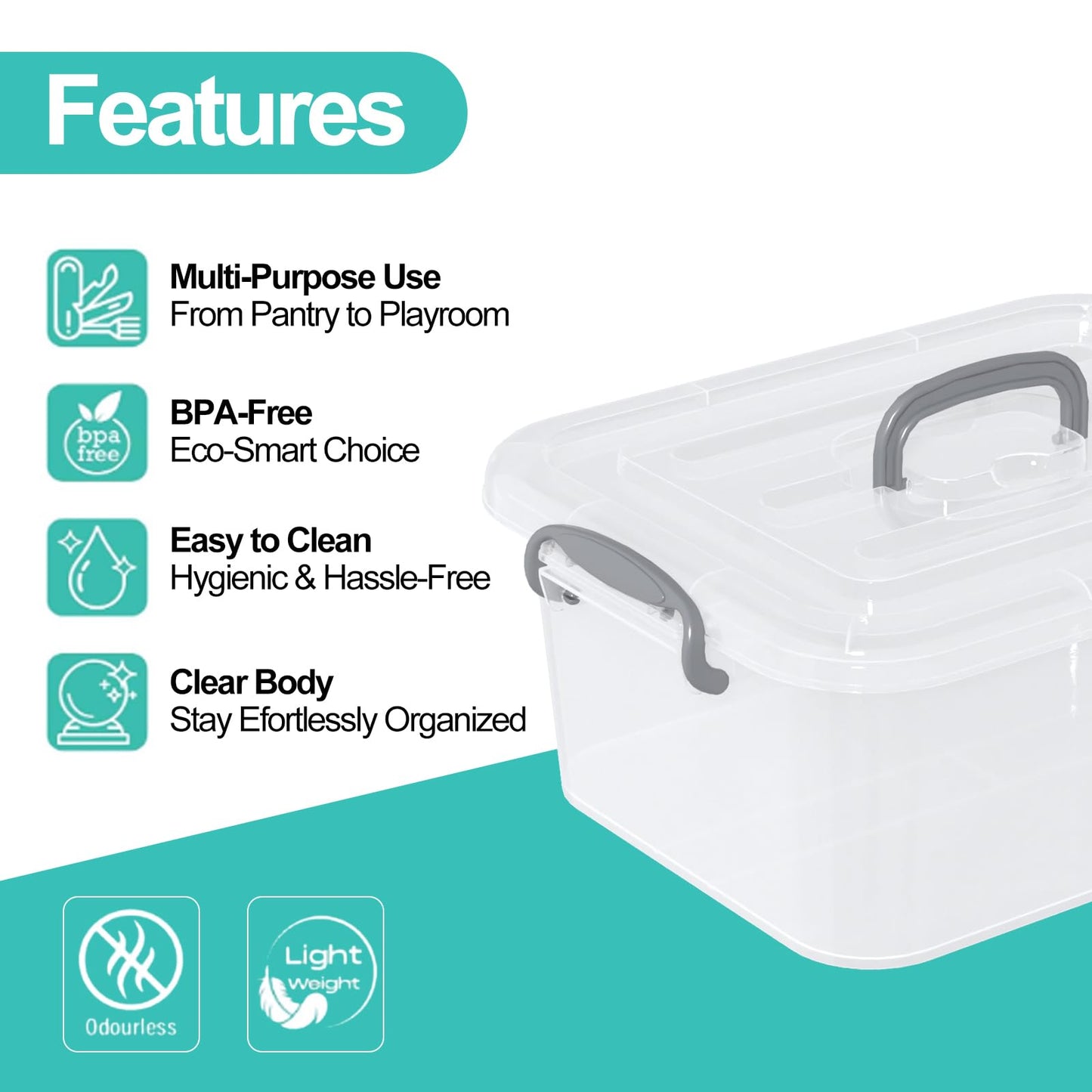 Xyskin 6 Packs 8 L Latching Box with Handles, Plastic Storage Bin with Lids, Clear Storage Organizer Box