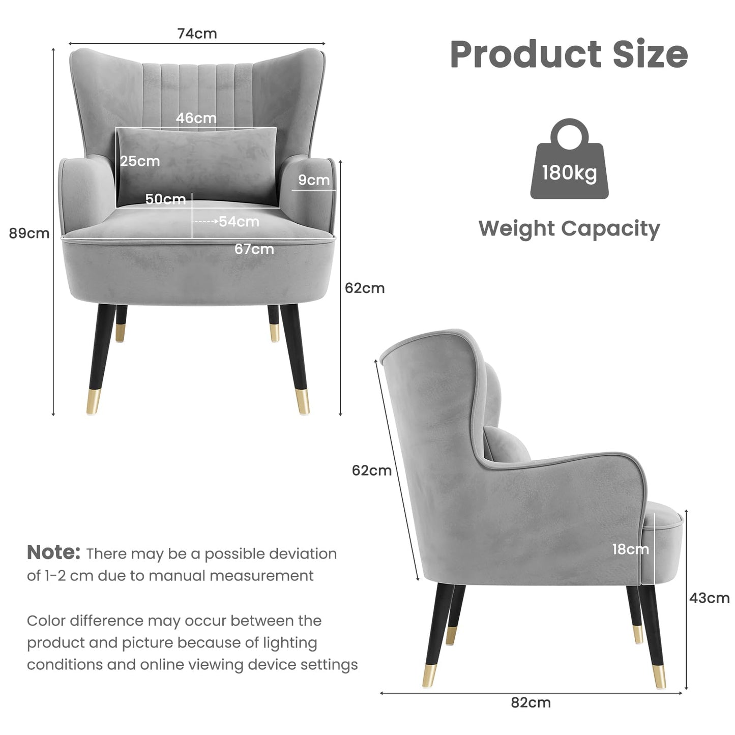 Vesgantti Velvet Accent Chair with Lumbar Pillow, Wing Back Large Armchair