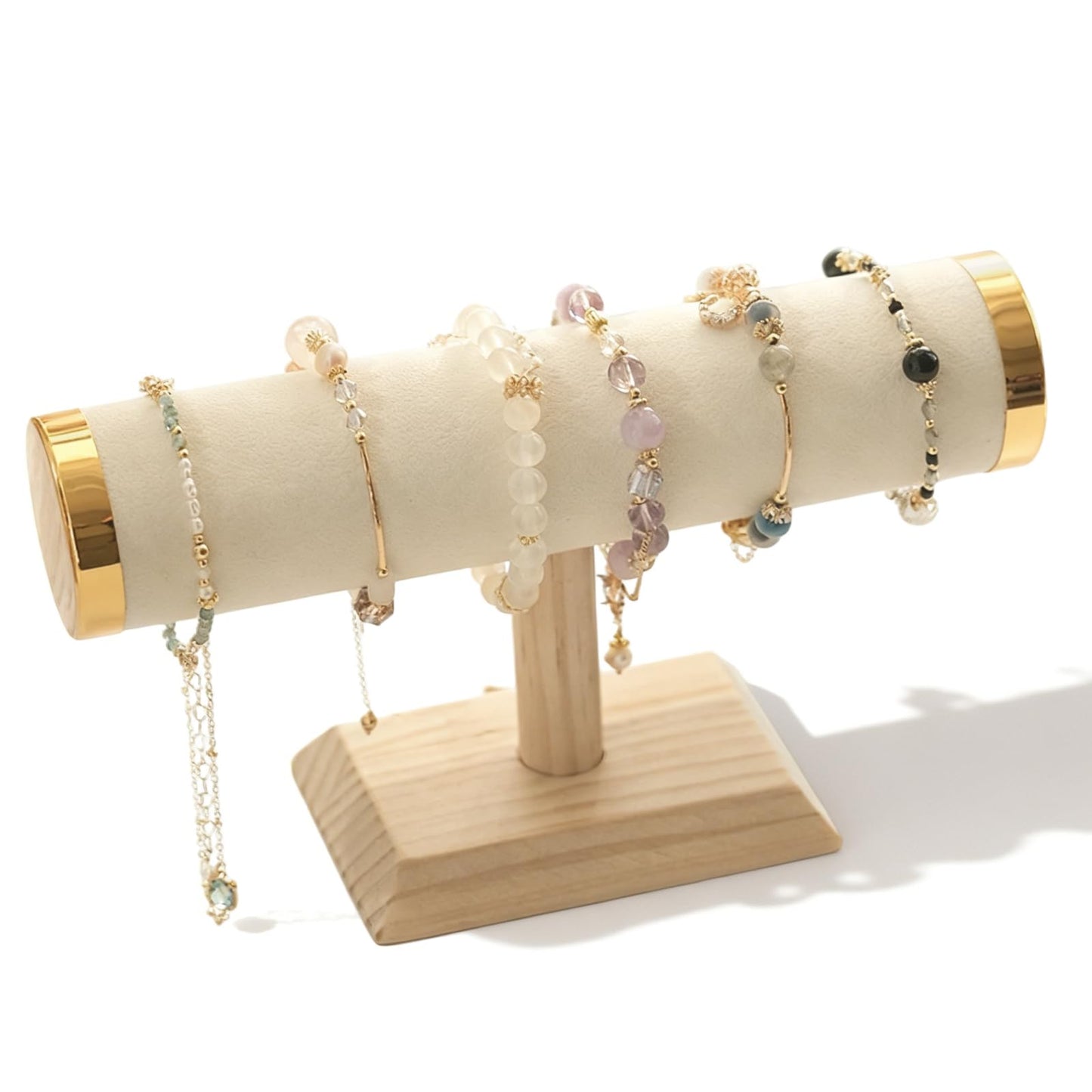 RFYTDCF T-Bar Bracelet Holder Stand, Beige Bracelet Stand Display Organizer Storage for Women Jewelry Accessories Scrunchie Head Ties (Gold Metal Lid)