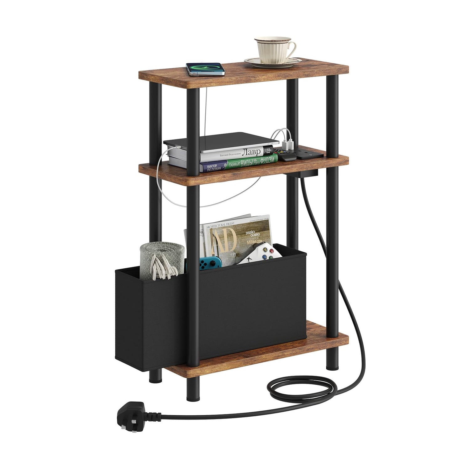 APICIZON Narrow Side Table, 3 Tier Bed Side Table, Slim End Table with Charging Station, for Living Room, Bedroom