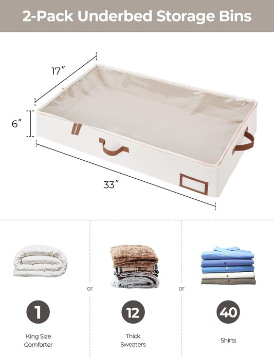 StorageWorks Underbed Storage Box, Under Bed Clothes Organizer With Sturdy Structure and Ultra Thick Fabric, Ivory White, Large, 2 pack