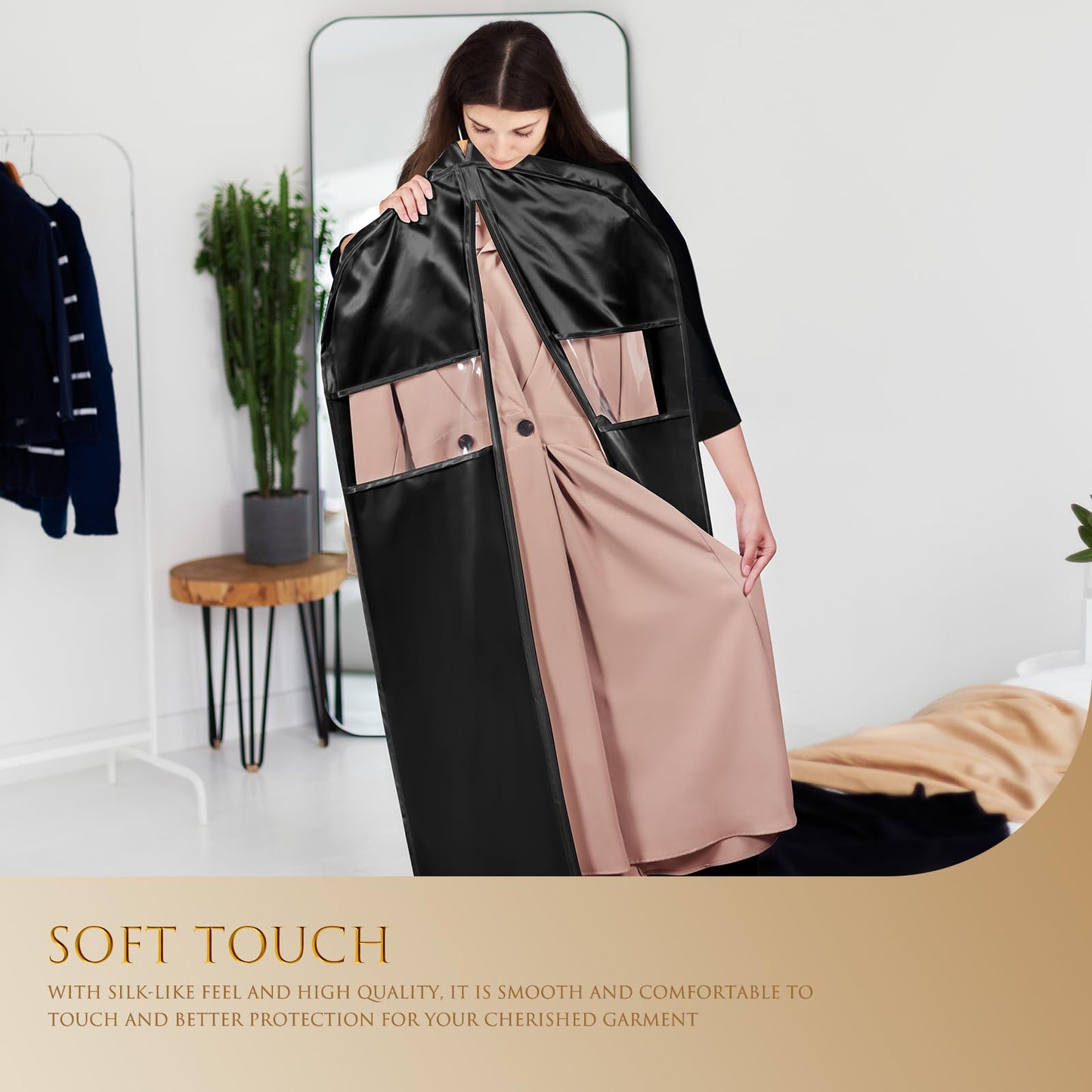 Univivi Super Soft Satin Hanging Garment Bags 60in Dress Bags 2 Pack Black