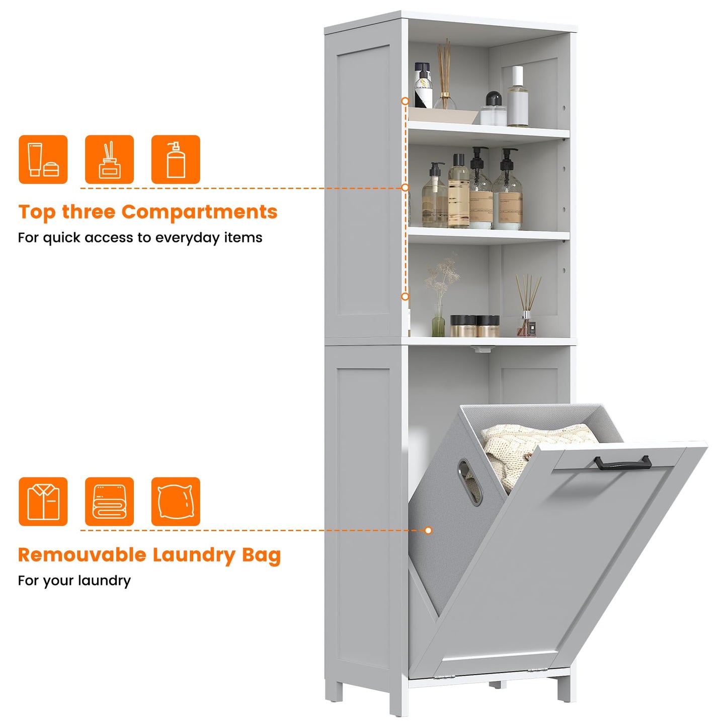 Feonase Compact Bathroom Cabinet with Detachable Laundry Hamper, Narrow Freestanding Storage Unit with 3 Open Shelves for Bathroom, Laundry Room