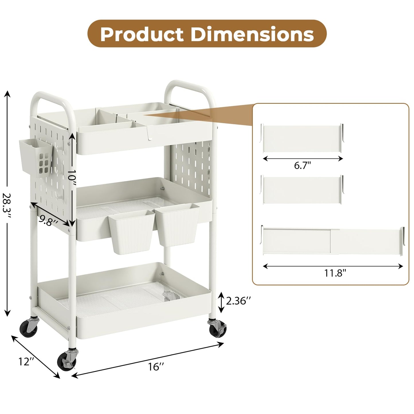 danpinera 3 Tier Rolling Cart, Metal Utility Cart with DIY Pegboard, Rolling Carts with 3 Dividers