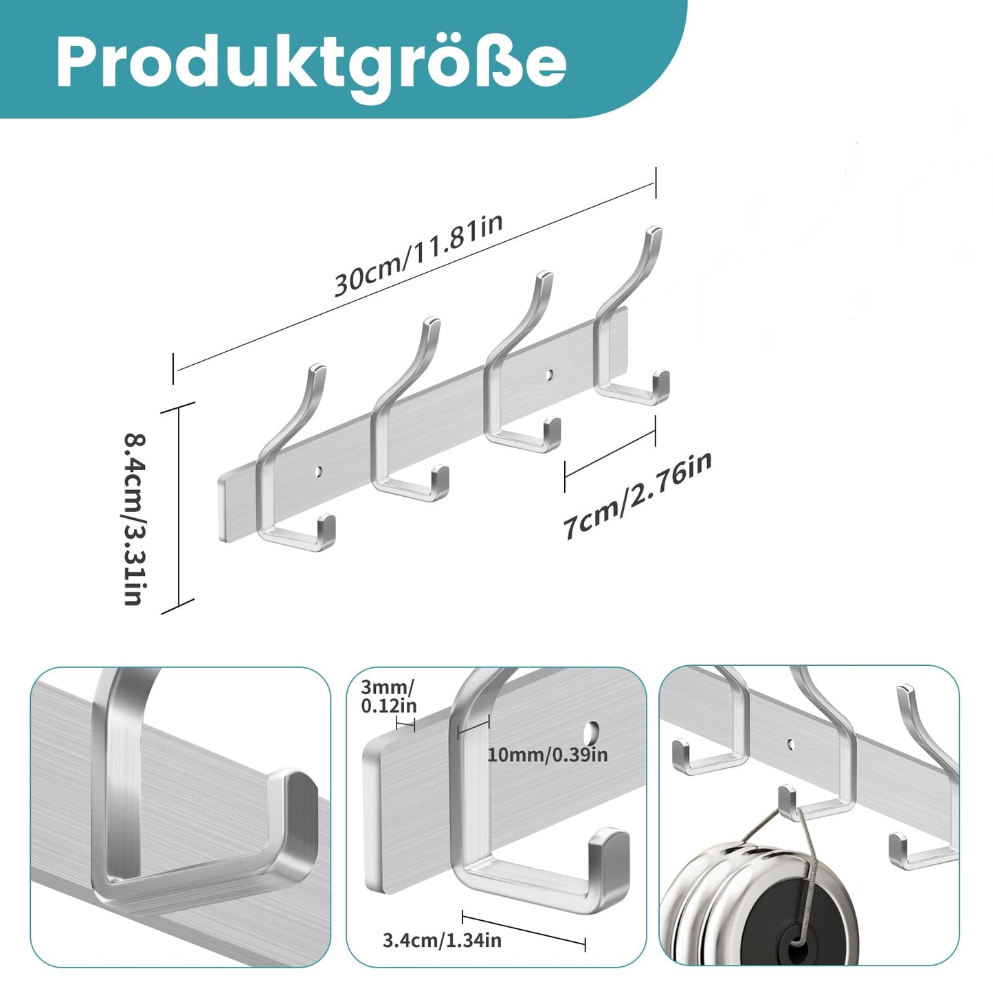 MEIJO Coat Hooks Wall Mounted Stainless Steel, Silver Coat Rack Wall Mounted with 4 Hooks Heavy Duty Coat Hooks for Door, Bathroom, Bedroom, Kitchen