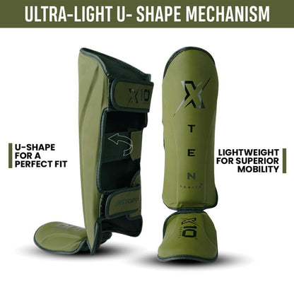 XTEN SPORTS Shin Guards Muay Thai, MMA, Gel Integrated Padding, Training Sparring, Boxing, Kickboxing, BJJ, Taekwondo Protective Gear, Olive Green